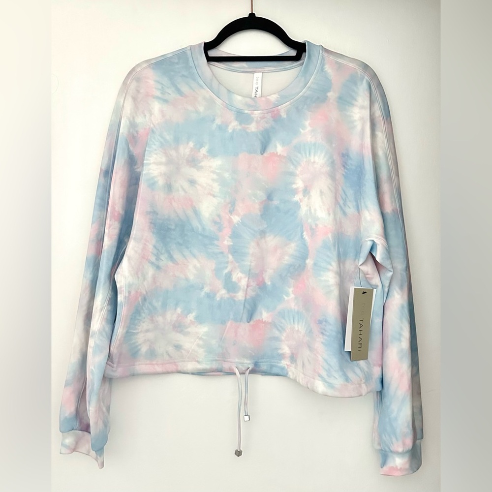 NWT Tee Tahari Pastel Blue & Pink Tie-Dye Drawstring Sweatshirt Size M